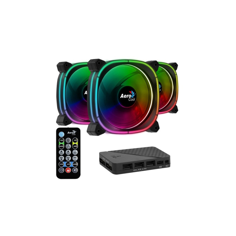 Aerocool Astro 12 Pro 120x120x25, Gehäuselüfter(schwarz, 3er Pack, inkl. H66F Control Hub, Fernbedienung)