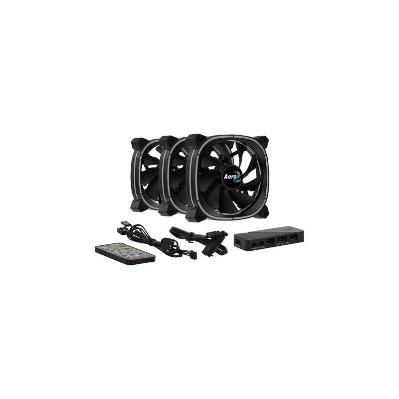 Aerocool Astro 12 Pro 120x120x25, Gehäuselüfter(schwarz, 3er Pack, inkl. H66F Control Hub, Fernbedienung)