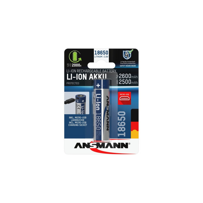 Ansmann Li-Ion Akku 18650 2600 mAh mit Micro-USB Ladebuchse(18650, 1 Stück)