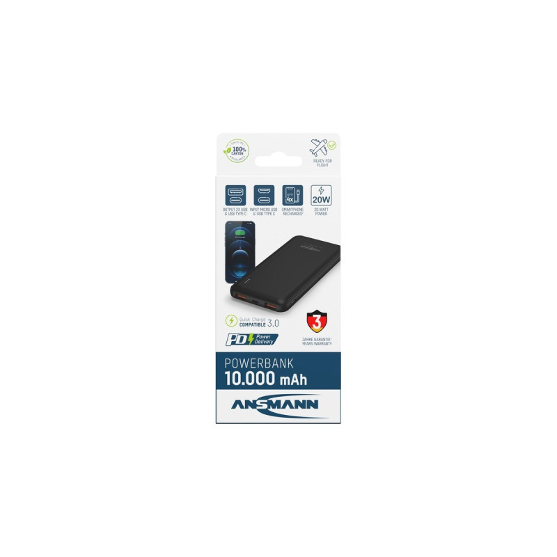 Ansmann Powerbank 10000 mAh PB320PD(schwarz, 10.000 mAh, PD, Quick Charge 3.0)