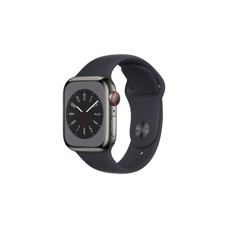 Apple Watch Series 8, Smartwatch(graphit, 41 mm, Sportarmband, Edelstahl-Gehäuse, LTE)