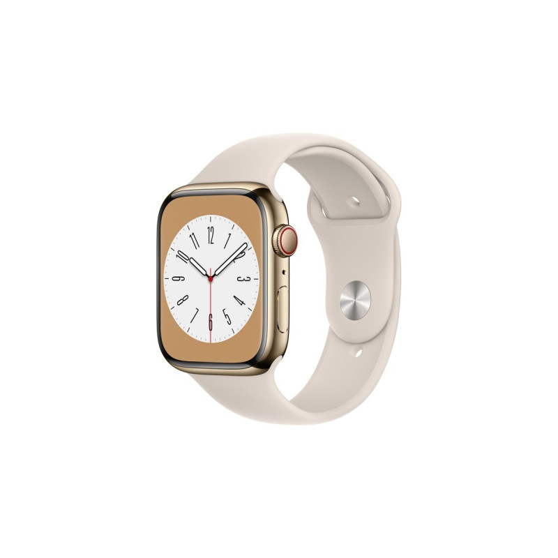 Apple Watch Series 8, Smartwatch(gold, 45 mm, Sportarmband, Edelstahl-Gehäuse, LTE, Outlet)