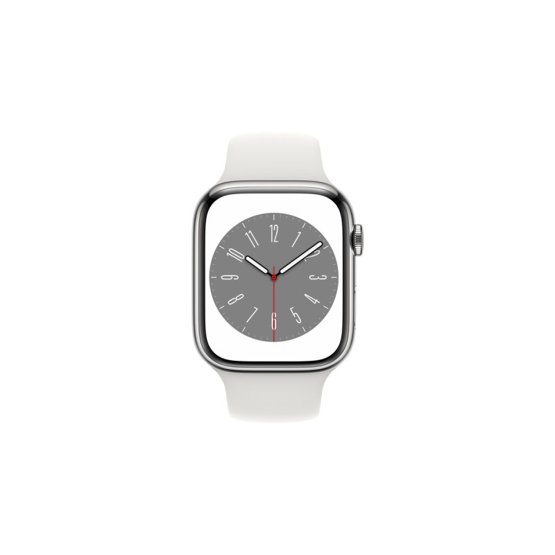Apple Watch Series 8, Smartwatch(silber, 45 mm, Sportarmband, Edelstahl-Gehäuse, LTE)