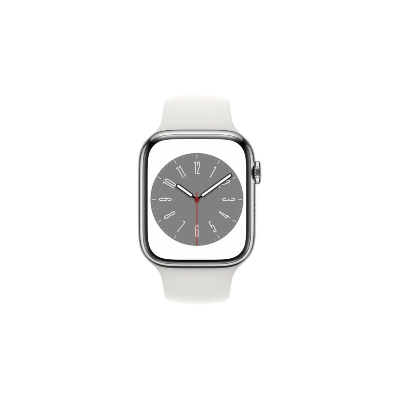 Apple Watch Series 8, Smartwatch(silber, 45 mm, Sportarmband, Edelstahl-Gehäuse, LTE, Outlet)