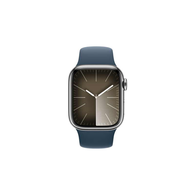 Apple Watch Series 9, Smartwatch(silber/dunkelblau, Edelstahl, 41 mm, Sportarmband, Cellular)