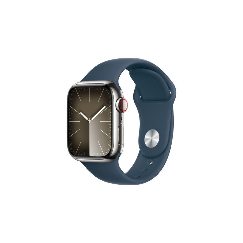 Apple Watch Series 9, Smartwatch(silber/dunkelblau, Edelstahl, 41 mm, Sportarmband, Cellular)