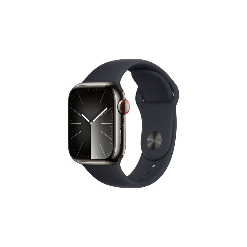 Apple Watch Series 9, Smartwatch(graphit/dunkelblau, Edelstahl, 41 mm, Sportarmband, Cellular)