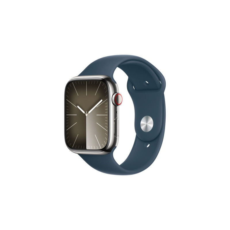 Apple Watch Series 9, Smartwatch(silber/blau, Edelstahl, 45 mm, Sportarmband, Cellular)