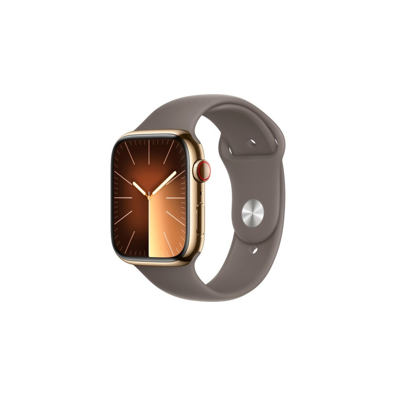 Apple Watch Series 9, Smartwatch(gold/braun, Edelstahl, 45 mm, Sportarmband, Cellular)