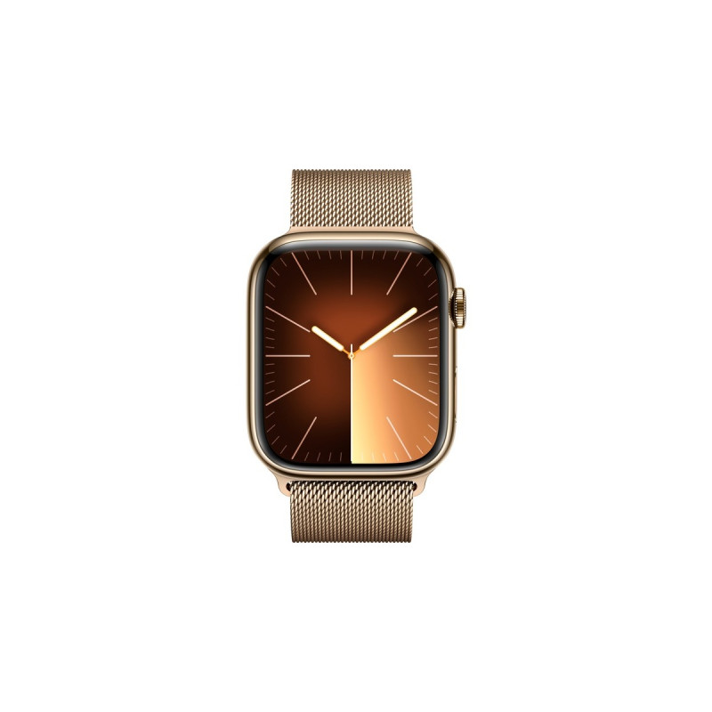 Apple Watch Series 9, Smartwatch(gold/gold, Edelstahl, 45 mm, Milanaise Armbamd, Cellular)