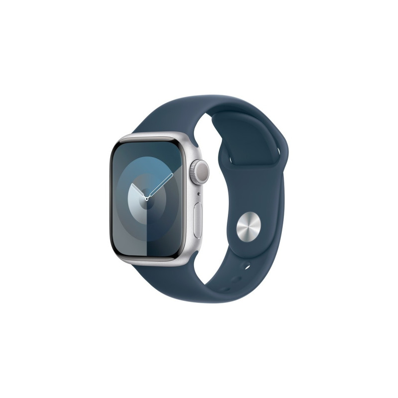 Apple Watch Series 9, Smartwatch(silber/blau, Aluminium, 41 mm, Sportarmband)