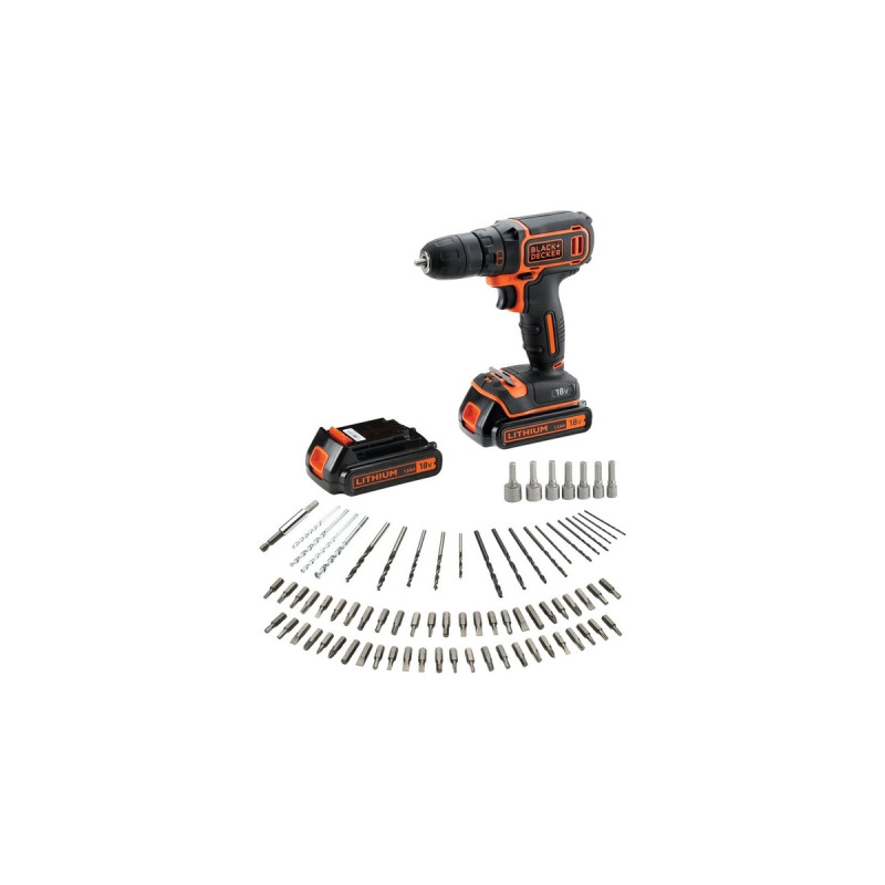BLACK+DECKER Akku-Bohrschrauber BDCDC18BAFC, 18Volt(schwarz/orange, 2x Li-Ionen Akku (1,5Ah), 80-tlg. Zubehör-Set)