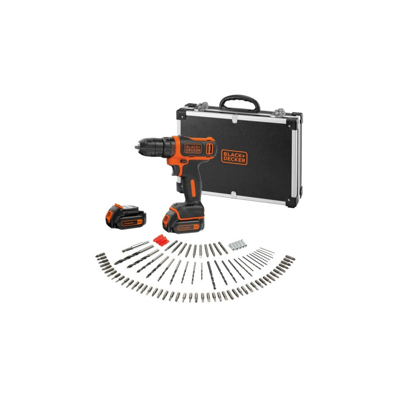 BLACK+DECKER Akku-Bohrschrauber BDCDD12BAFC, 10,8Volt(schwarz/orange, 2x Li-Ionen Akku 1,5Ah, Koffer, 100-teiliges Zubehör-Set)