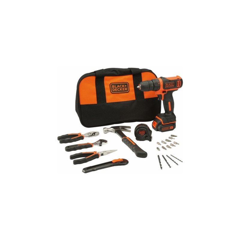 BLACK+DECKER Akku-Bohrschrauber BDCDD12HTSA, 10,8Volt(schwarz/orange, Li-Ionen Akku 1,5Ah, 20-teiliges Zubehör-Set)