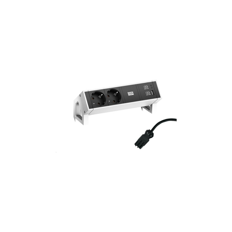 Bachmann DESK 2 Steckdosenleiste 3-fach, 2x Strom, USB-A, USB-C(weiß/schwarz, mit Haltewinkeln)