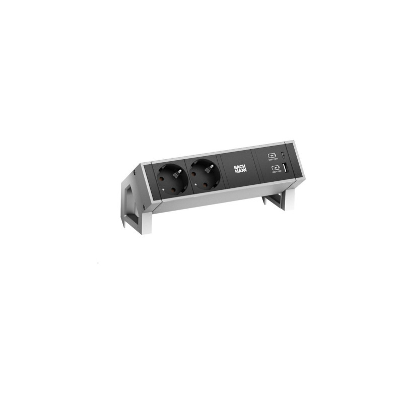 Bachmann DESK 2 Steckdosenleiste 3-fach, 2x Strom, USB-A, USB-C(inox/schwarz, mit Haltewinkeln)