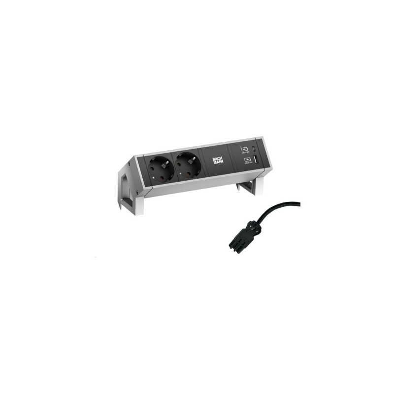 Bachmann DESK 2 Steckdosenleiste 3-fach, 2x Strom, USB-A, USB-C(inox/schwarz, mit Haltewinkeln)