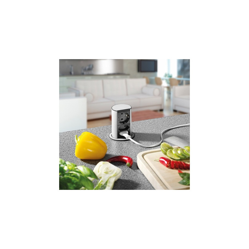 Bachmann ELEVATOR versenkbare Steckdosenleiste 3-fach(aluminium/schwarz, 2 Meter Kabel)