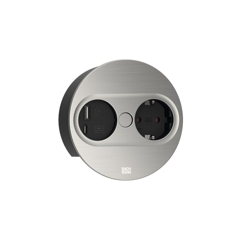 Bachmann Einbausteckdose TWIST 2, rund, 2-fach, USB-Charger(edelstahl, 1x Schutzkontakt, 1x USB-A, 1x USB-C)