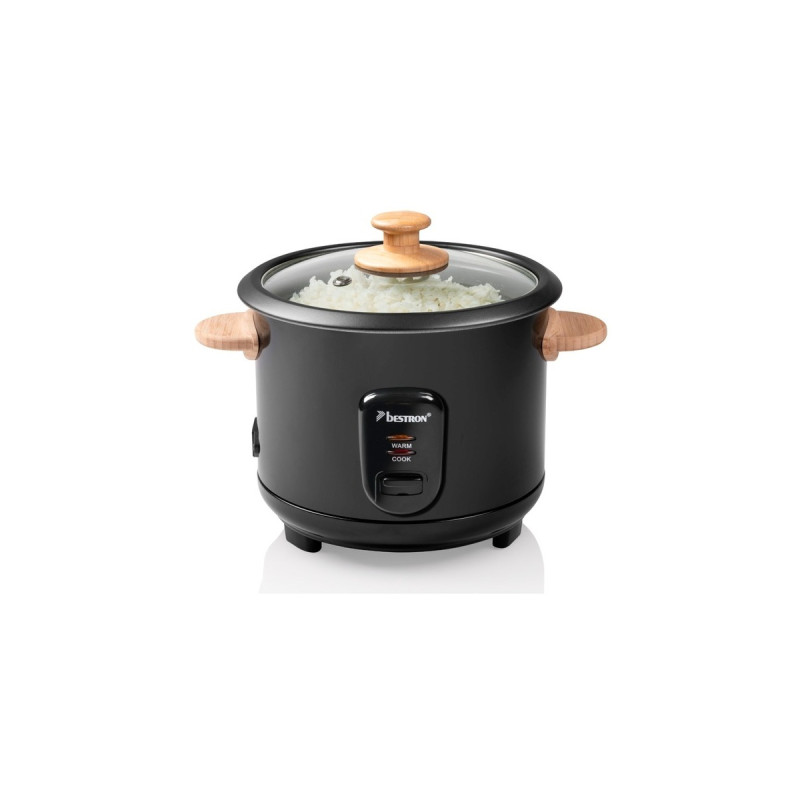 Bestron Reiskocher ARC100BBS(schwarz/holz, 400 Watt, mit Bambus Dampfkorb, 5-teiligem Sushi-Maker-Set)