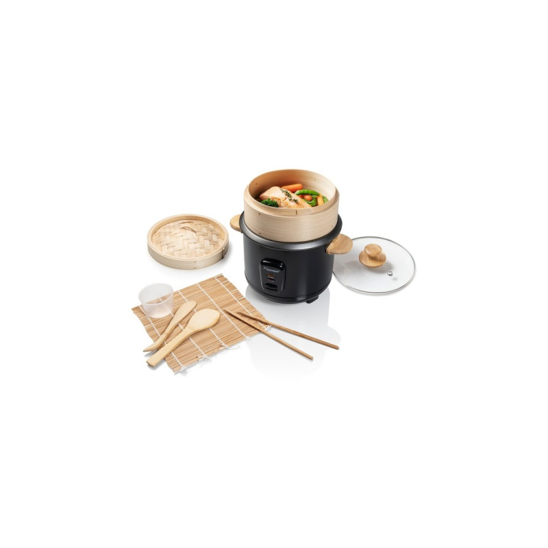 Bestron Reiskocher ARC100BBS(schwarz/holz, 400 Watt, mit Bambus Dampfkorb, 5-teiligem Sushi-Maker-Set)