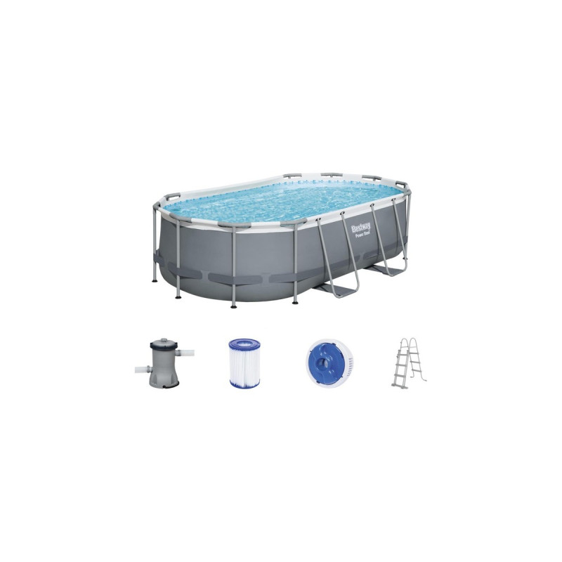 Bestway Power Steel Frame Pool-Set, 427cm x 250cm x 100cm, Schwimmbad(grau/hellblau, mit Filterpumpe)