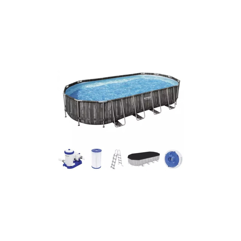 Bestway Power Steel Frame Pool-Set, 732cm x 366cm x 122cm, Schwimmbad(dunkelbraun/blau, Holzdekor, mit Filterpumpe)