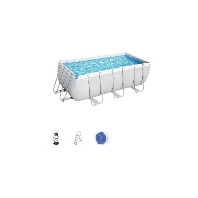 Bestway Power Steel Rectangular Frame Pool-Set, 412cm x 201cm x 122cm, Schwimmbad(hellgrau, mit Sandfilteranlage)