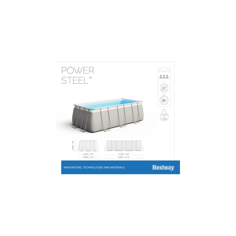 Bestway Power Steel Rectangular Frame Pool-Set, 412cm x 201cm x 122cm, Schwimmbad(hellgrau, mit Sandfilteranlage)