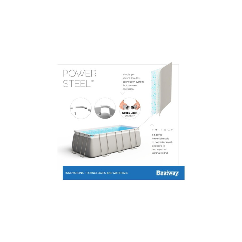 Bestway Power Steel Rectangular Frame Pool-Set, 412cm x 201cm x 122cm, Schwimmbad(hellgrau, mit Sandfilteranlage)