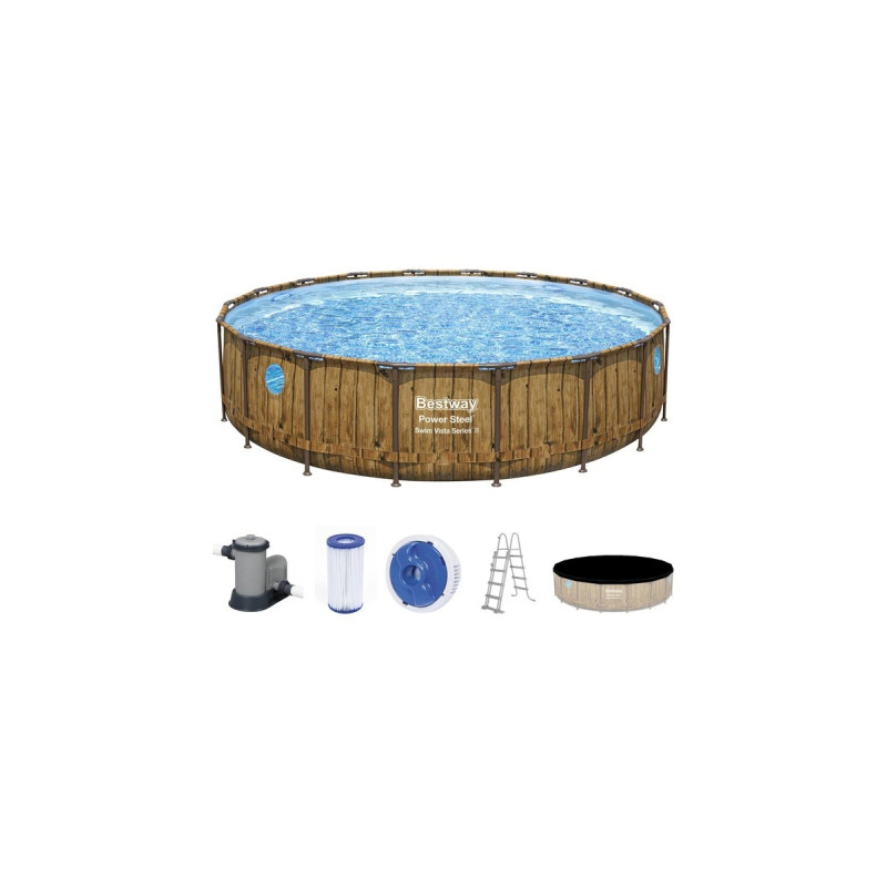 Bestway Power Steel Swim Vista Frame Pool-Set, Ø 549cm x 122cm, Schwimmbad(braun/hellblau, mit Sichtfenstern + Filterpumpe)