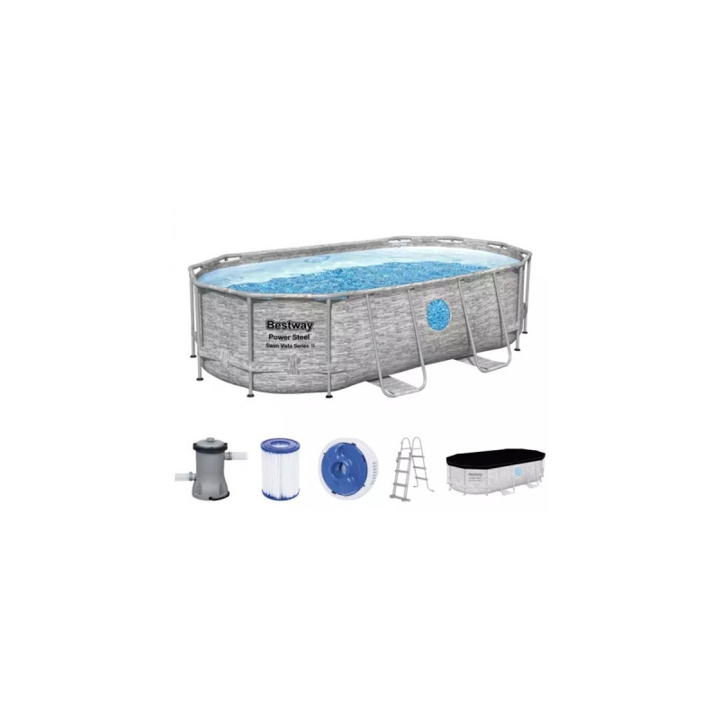 Bestway Power Steel Swim Vista Oval Frame Pool-Set, 427 x 250 x 100cm, Schwimmbad(grau, mit Sichtfenstern, Modell 2022)