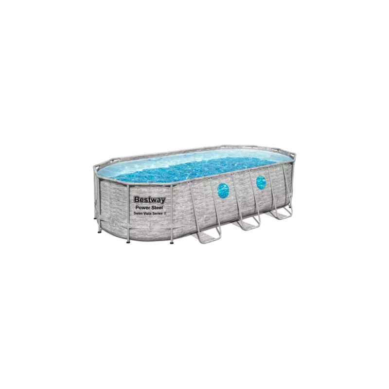 Bestway Power Steel Swim Vista Oval Frame Pool-Set, 549 x 274 x 122cm, Schwimmbad(grau, mit Sichtfenstern + Filterpumpe)