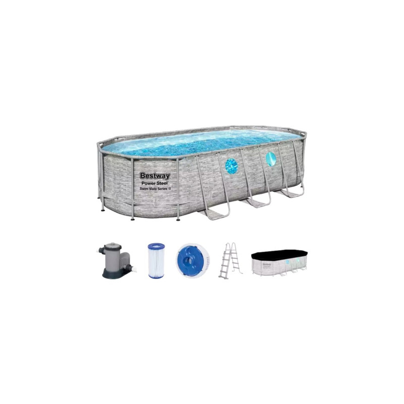 Bestway Power Steel Swim Vista Oval Frame Pool-Set, 549 x 274 x 122cm, Schwimmbad(grau, mit Sichtfenstern + Filterpumpe)