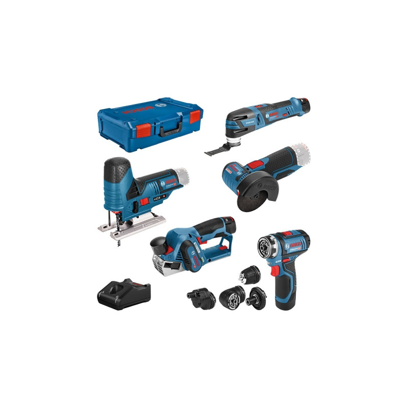 Bosch 5-teiliges 12Volt-Werkzeug-Set, GSR + GOP + GHO + GWS + GST(blau, 3x Li-Ionen Akku, XL-BOXX)