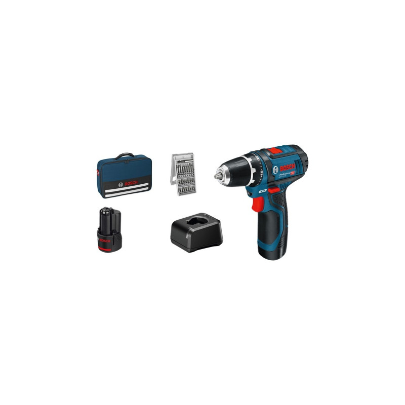 Bosch Akku-Bohrschrauber GSR 12V-15 Professional, 12Volt(blau/schwarz, 2x Li-Ionen Akku 2,0Ah, 25 Bits)
