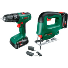 Bosch Akku-Schlagbohrschrauber EasyImpact 18V-40 & Akku-Stichsäge EasySaw 18V-70, Werkzeug-Set(grün/schwarz, 2x Li-Ionen Akku 2,0Ah, Koffer, POWER FOR ALL ALLIANCE)