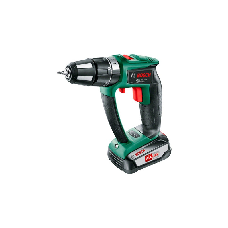 Bosch Akku-Schlagbohrschrauber PSB 18 LI-2 Ergonomic, 18Volt, Schlagbohrmaschine(grün/schwarz, Li-Ionen Akku 2,5Ah, POWER FOR ALL ALLIANCE)