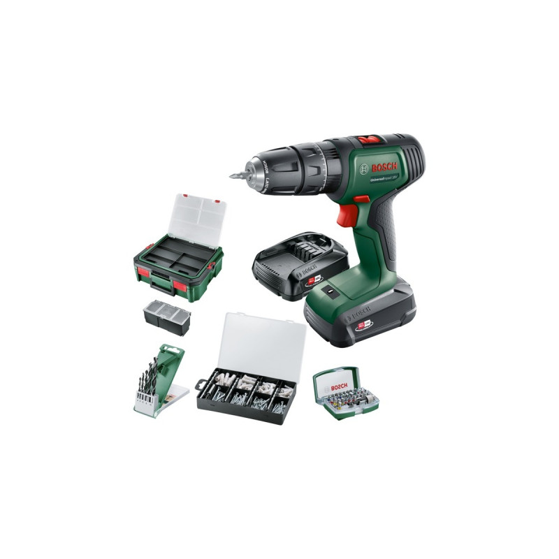 Bosch Akku-Schlagbohrschrauber UniversalImpact 18V + SystemBox(grün/schwarz, Li-Ionen Akku 1,5Ah + 2,5Ah, Koffer + 210-teiliges Zubehör, POWER FOR ALL ALLIANCE)