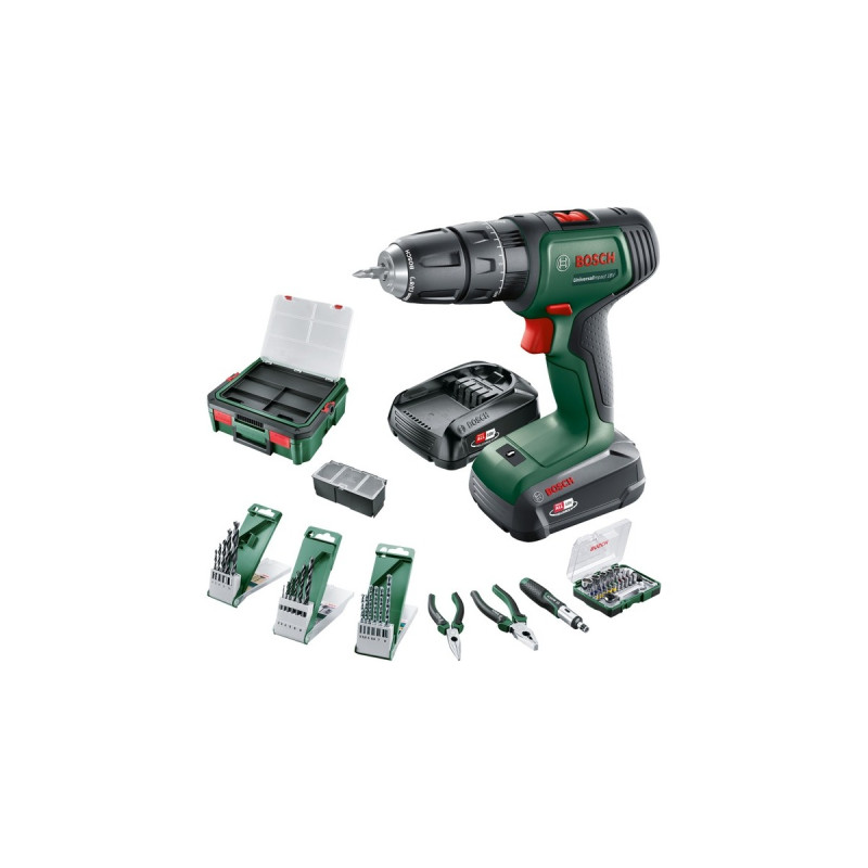 Bosch Akku-Schlagbohrschrauber UniversalImpact 18V + SystemBox(grün/schwarz, Li-Ionen Akku 1,5Ah + 2,5Ah, Koffer + 210-teiliges Zubehör, POWER FOR ALL ALLIANCE)