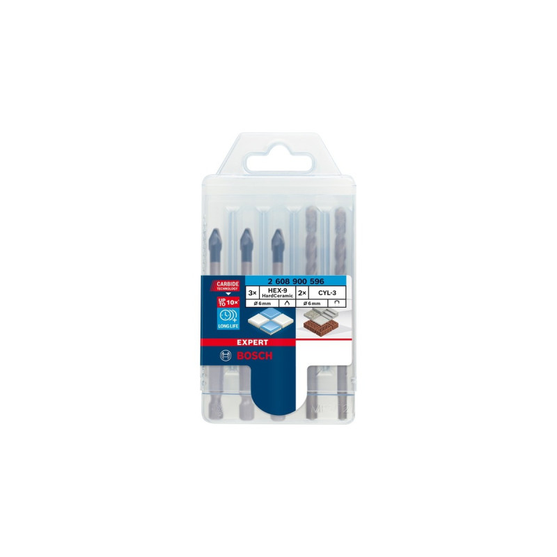 Bosch Expert HEX-9 HardCeramic Bohrer Mixed-Set, Ø 6mm, Bohrer-Satz(5-teilig, inkl. 2 CYL-3-Betonbohrer)