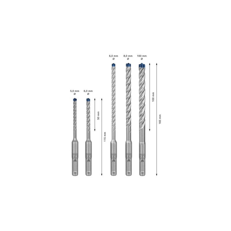 Bosch Expert Hammerbohrer-Satz SDS-plus-7X, 5-teilig(Ø 5 / 6 / 8 / 10mm, Arbeitslänge 50mm / 100mm)