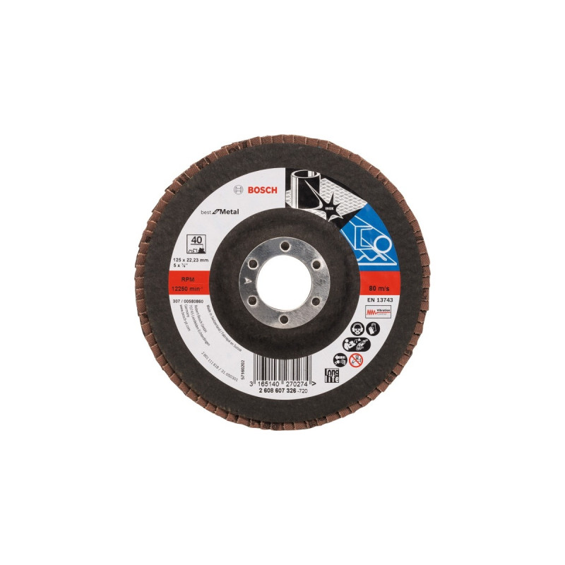 Bosch Fächerschleifscheibe X571 Best for Metal, Ø 125mm, K40(Bohrung 22,23mm, abgewinkelt)