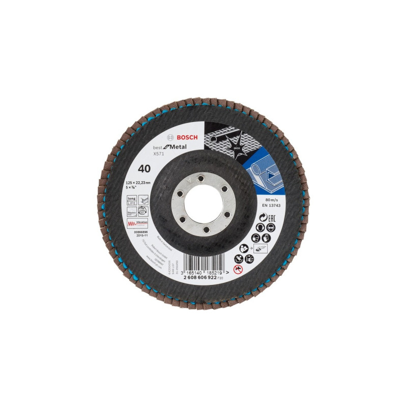 Bosch Fächerschleifscheibe X571 Best for Metal, Ø 125mm, K40(Bohrung 22,23mm, gerade)