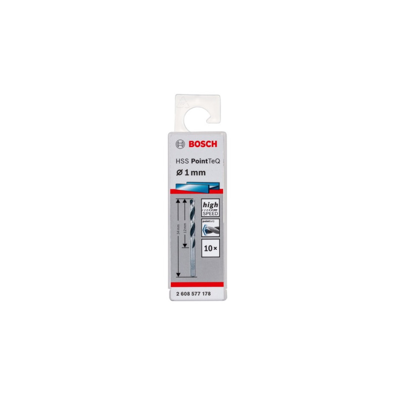 Bosch HSS-Spiralbohrer PointTeQ, Ø 1mm x 34mm, 10 Stück(Arbeitslänge 12mm)
