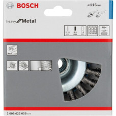Bosch Kegelbürste Heavy for Metal, Ø 115mm, gezopft(0,5mm Stahldraht, M14, für Winkelschleifer)