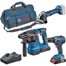 Bosch Kombi-Set 18V: GSR 18V-55 + GWS 18V-7 + GBH 18V-22, Werkzeug-Set(blau, 2x Akku ProCORE18V 4,0Ah, Werkzeugtasche)