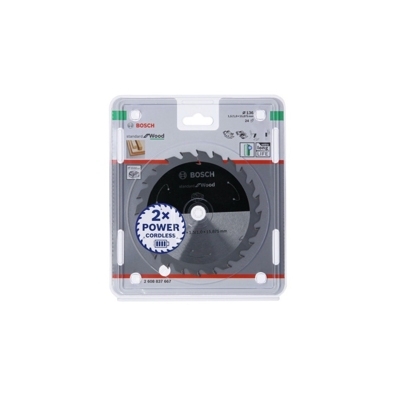 Bosch Kreissägeblatt Standard for Wood, Ø 136mm, 24Z(Bohrung 15,875mm, für Akku-Handkreissägen)