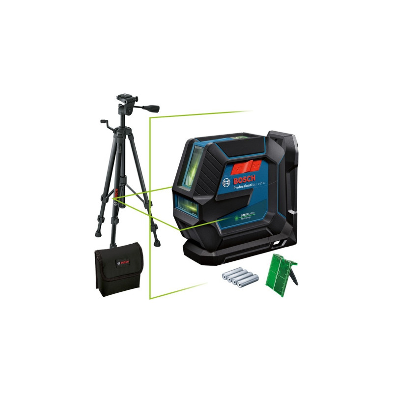 Bosch Linienlaser GLL 2-15 G Professional, mit Baustativ, Kreuzlinienlaser(blau/schwarz, Halterung, grüne Laserlinien)