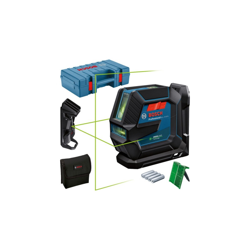 Bosch Linienlaser GLL 2-15 G Professional, mit Halterung, Kreuzlinienlaser(blau/schwarz, Koffer, Deckenklemme, grüne Laserlinien)